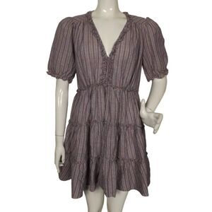 CINQ A SEPT Mini Dress, 6, Cottage/Prairie, Stripes, Short sleeves, Tiered Skirt